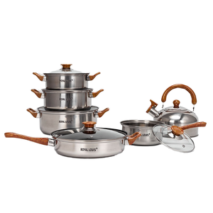 Nhà máy-ban đầu chất lượng cao thép không gỉ <span class=keywords><strong>Cookware</strong></span> Set với tay cầm bằng gỗ 12-mảnh đáy đôi Bếp gas tương thích - Product Image 2