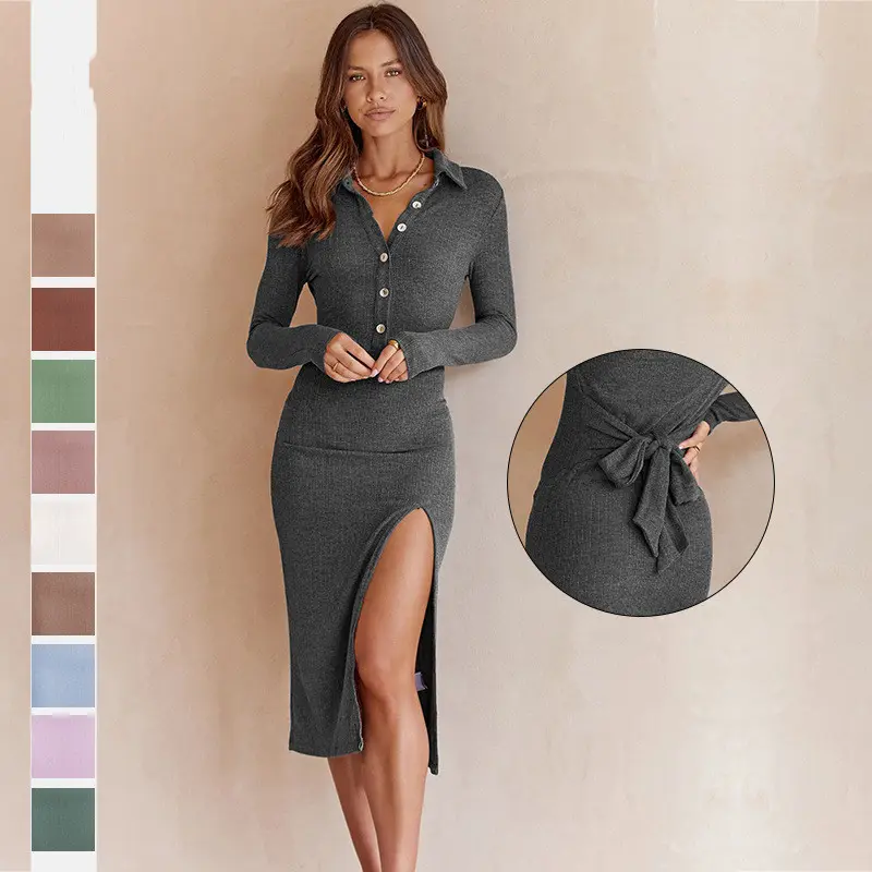 Newest Fall Winter Knitting Ribbed Long Sleeve Slit Slim Long Dress Button Casual Dresses for Women
