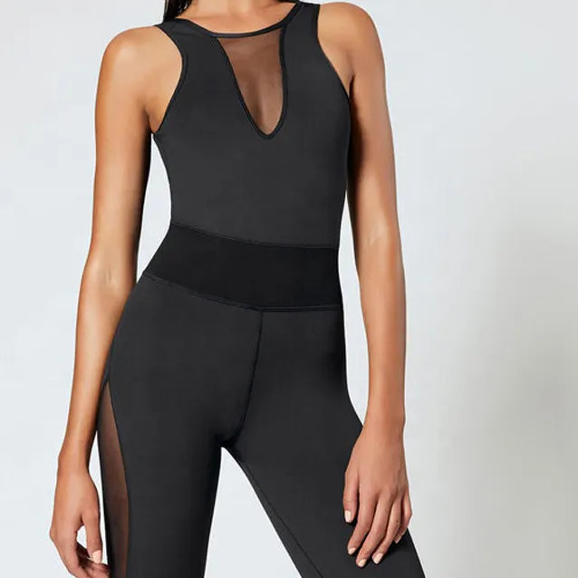 Fabrik Großhandel schneiden und nähen Mesh Sexy Bodycon Bodysuit Frauen Yoga Gym Jumps uit