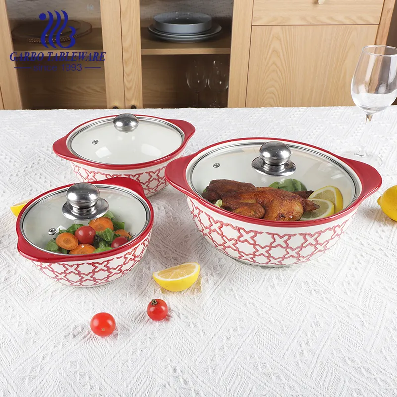 Wholesale heat resistant home 2L glass lid soup casserole ceramicware kitchen porcelain dinner soup pot with decor