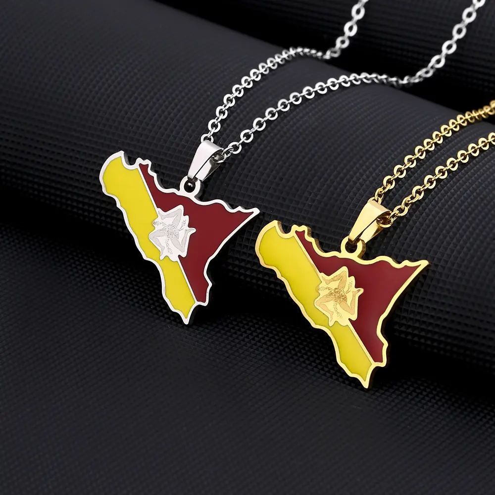 Manufacturer La Sicilia Map Chain Drop Oil Italy Sicily Map Flag Couples Charm Men Pendant Necklace