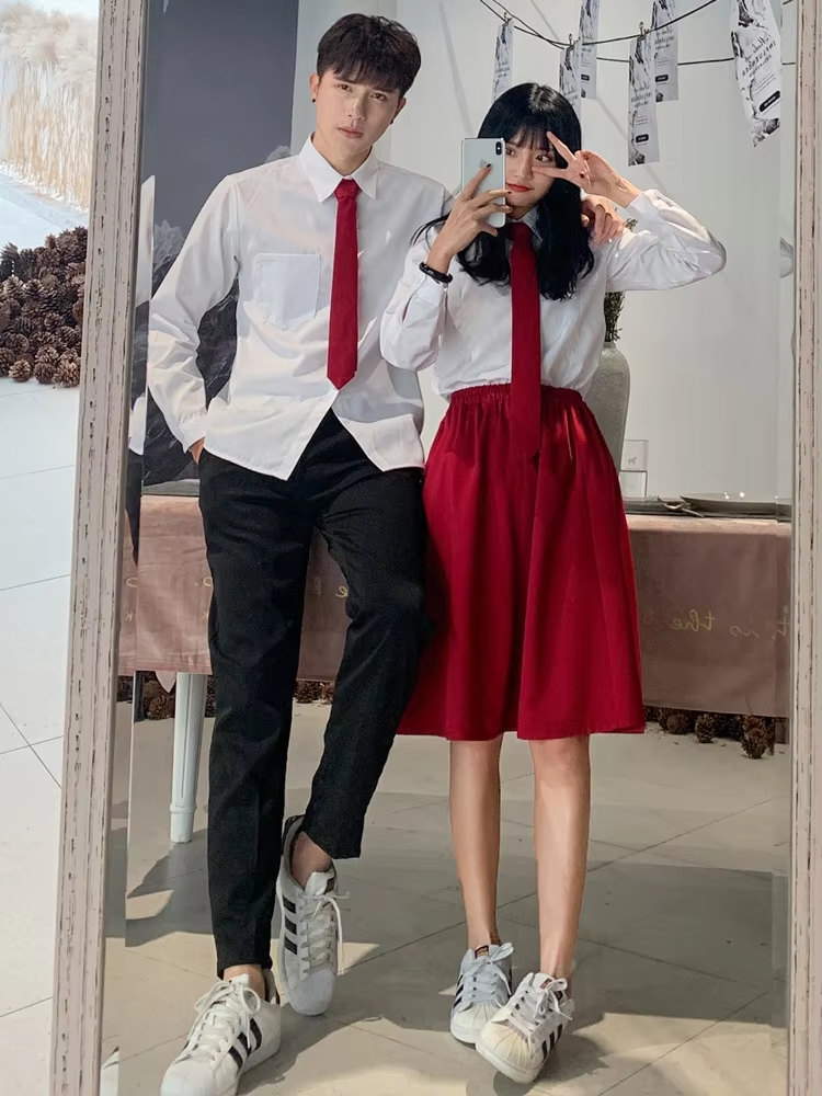 MIDI ผูก skirt_red shirt_red แขนยาวสำหรับผู้หญิง