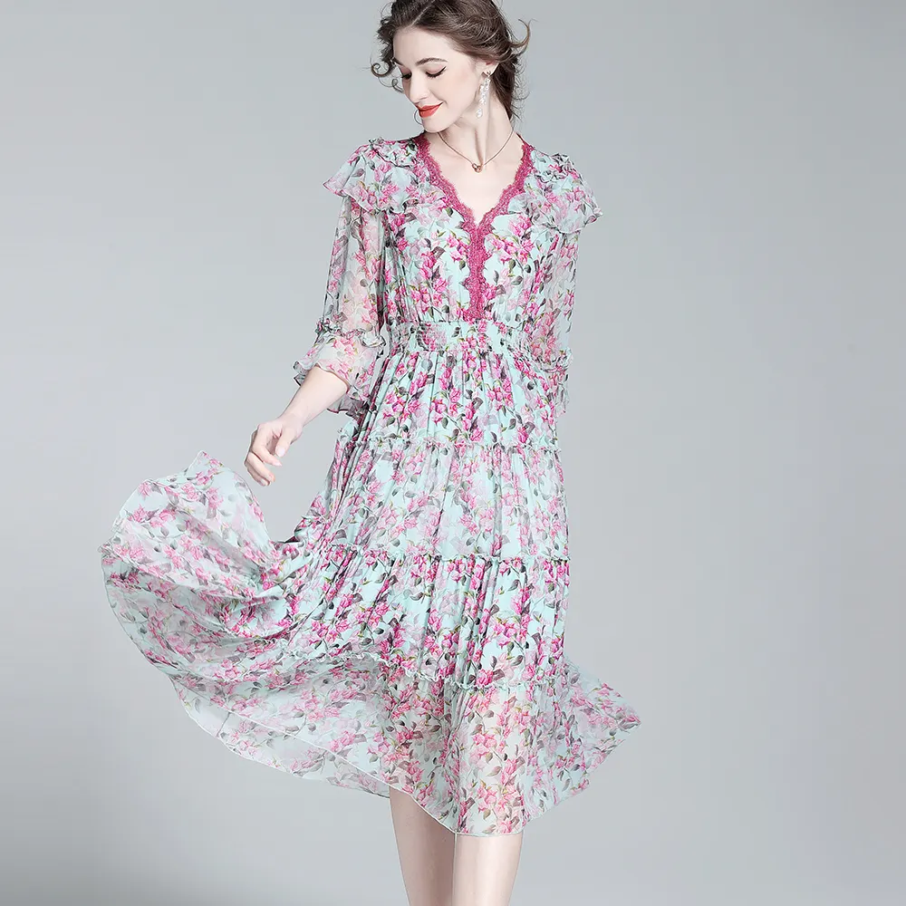 Haute couture elegante plissado vestido doce vestido floral confortável macio 100% seda vestido