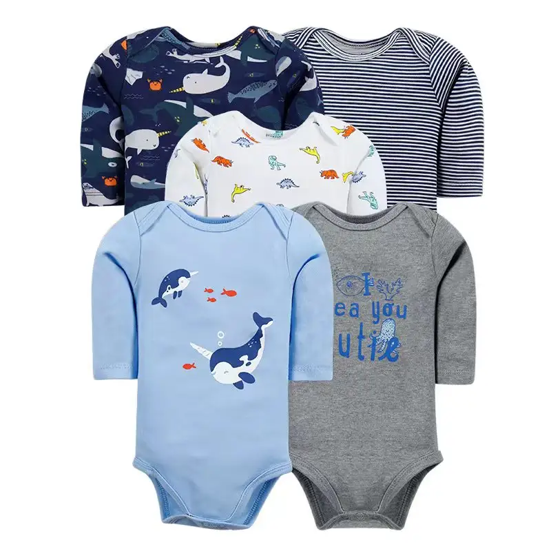 Manufacturer Baby Clothes Set Long Sleeve Romper Bodysuits 5pcs Bodysuit Set Onesie Soft Cotton for Girls Boys Newborn Baby Full