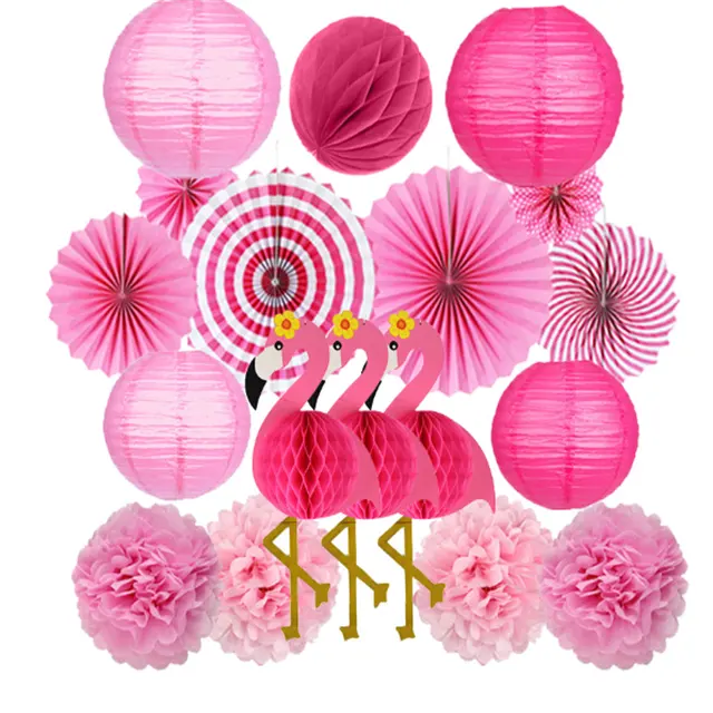 Havaiano rosa Flamingo conjunto lanterna tropical floresta tropical abacaxi tema favo de mel papel flor bola lanternas papel fãs
