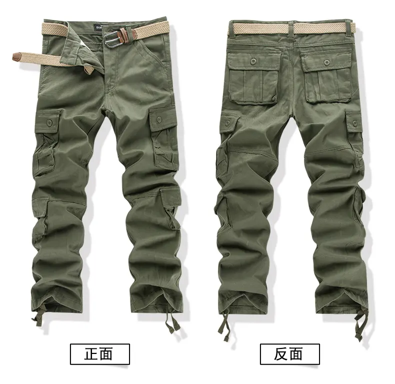 Kargo pantolon erkek tulum rahat pamuk taktik kamuflaj kamuflajlı pantolon çok cepler yeşil düz Slacks Baggy pantolon