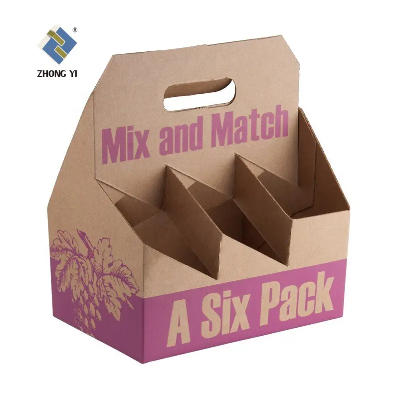 High Quality Custom Cardboard Corrugated 6 Pack Beer Can Cup Bottle Holder For Wine Boxes mit Handle
