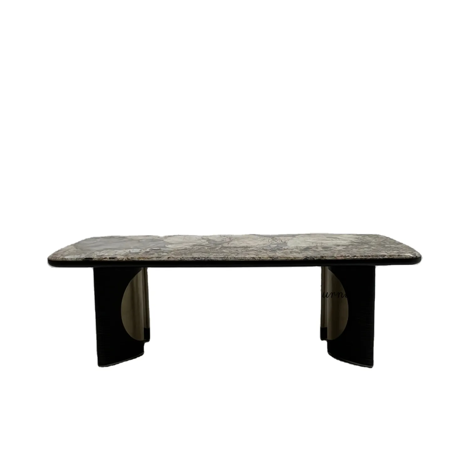 Set tavolo da pranzo rettangolare in acciaio inossidabile e gambe in legno con piano in marmo naturale di lusso leggero di design italiano