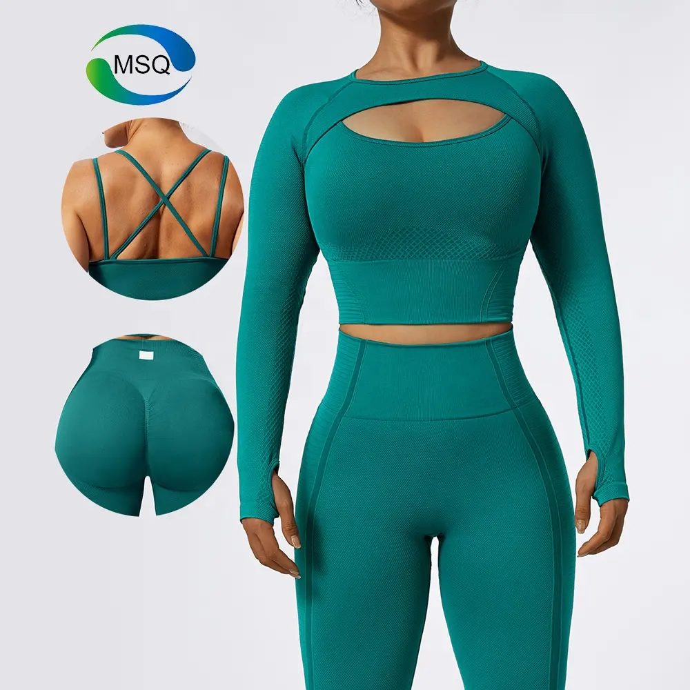 Custom Ropa Deportiva Mujer Gym Fitness 5 Piece seamless long sleeve Top Sports Bra Scrunch Butt Leggings Workout Set for Women