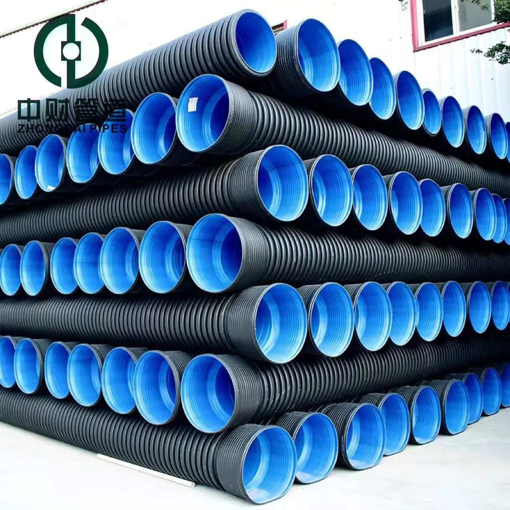 Pipa Zhongcai PE dinding ganda pipa bergelombang kualitas tinggi HDPE untuk drainase disesuaikan plastik culvert pipa SN4 SN8 110-800mm