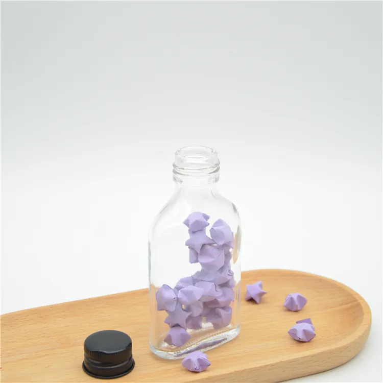 Garrafa de vidro transparente para suco de qualidade alimentar, embalagem quadrada francesa reciclável com tampa para bebidas