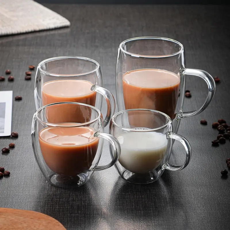 Tazas de café de vidrio de doble pared de 12 oz con asa, tazas de capa aislada, tazas de vidrio de borosilicato transparente para té, bebida caliente, vino