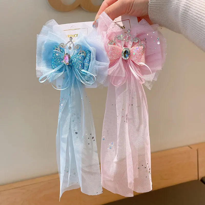 Cute Princess Headwear paillettes corona fiocco forcina con nastro bambina fermagli per capelli fiocco in rete forcina per bambini