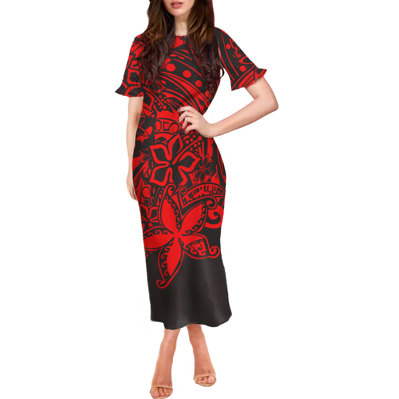 Polynesian 부족 디자인 빨간 인쇄 히비스커스 프릴 짧은 소매 드레스 숙녀 도매 통기성 드레스 사용자 정의 로고
