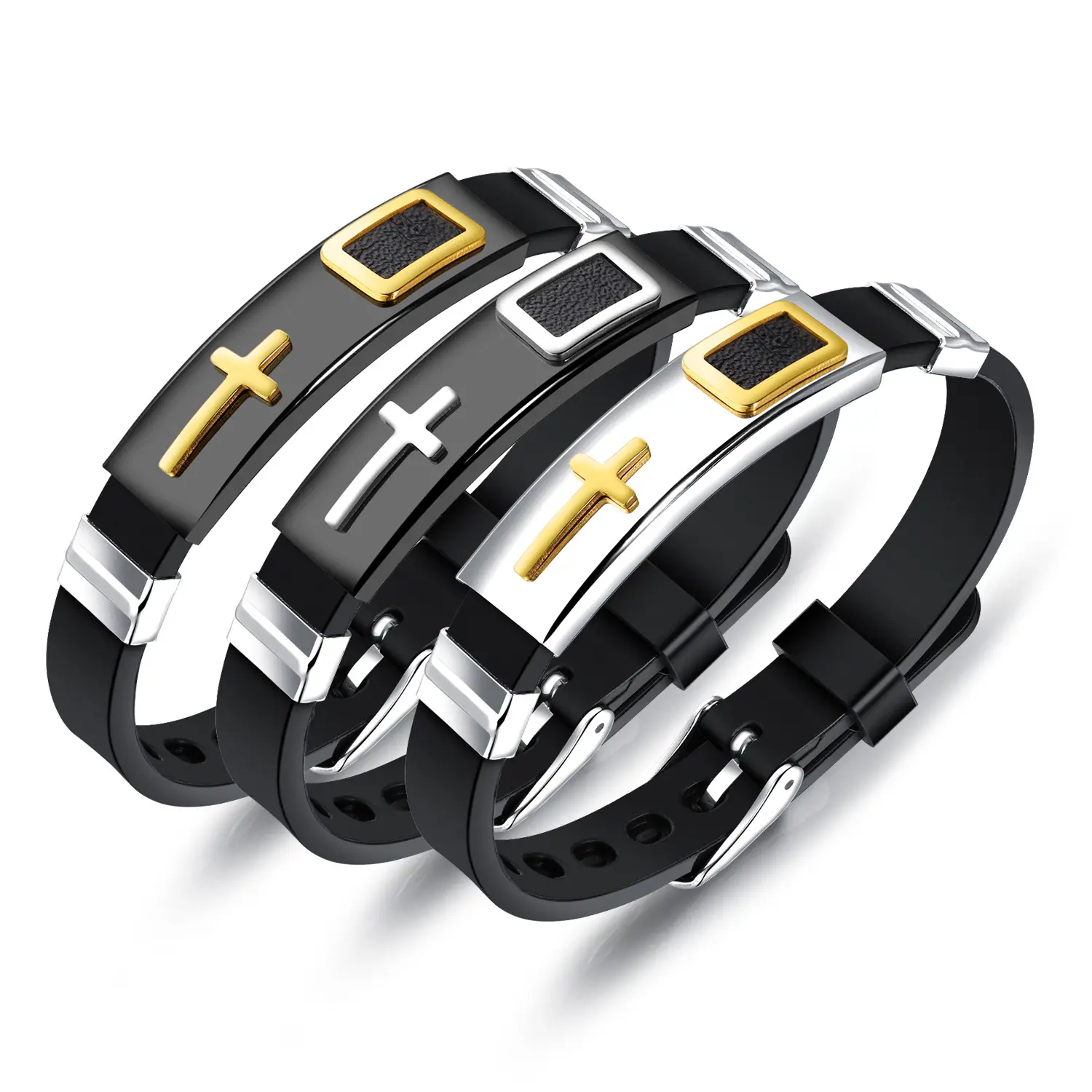 Vintage Cross Men Bracelet Charm Jewelry Religious Bracelet Stainless Steel Clasp Silicone Bracelet