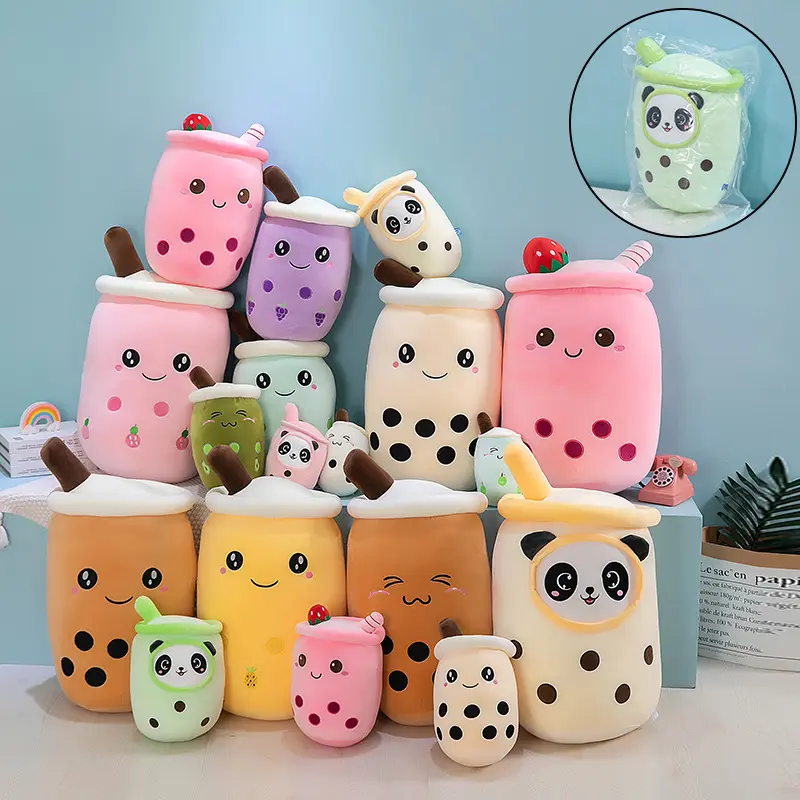 Stokta 24CM 35CM 50CM 70CM sevimli yumuşak kabarcık boba çayı kahve fincan yastık inci süt kawaii dolması panda hayvan meyve peluş oyuncak