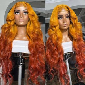 Peluca de encaje Frontal de 30 pulgadas 13*4, pelucas de cabello humano sin procesar vitenamés, encaje suizo sin pegamento, Color Ombre naranja, cuerpo de onda profunda, pelucas de encaje 360