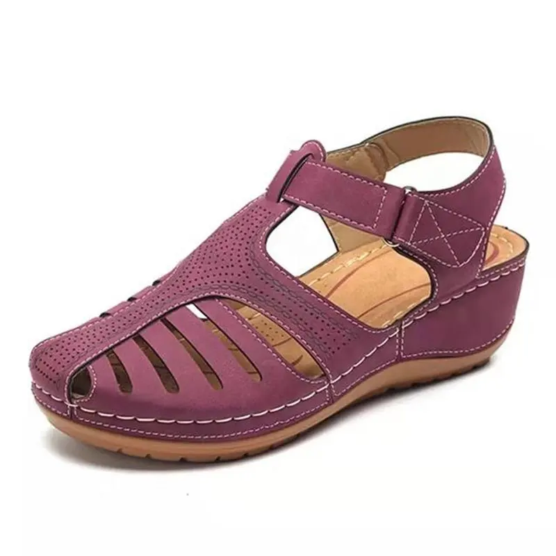 Sandalias Vintage de cuero para mujer, zapatos de costura informales con hebilla, de plataforma, de verano