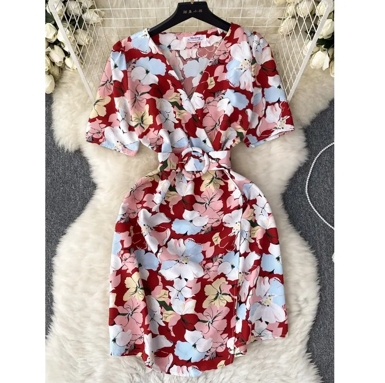 Vestido feminino com estampa de flores, minivestido sexy linha A, com gravata na frente, roupa da moda