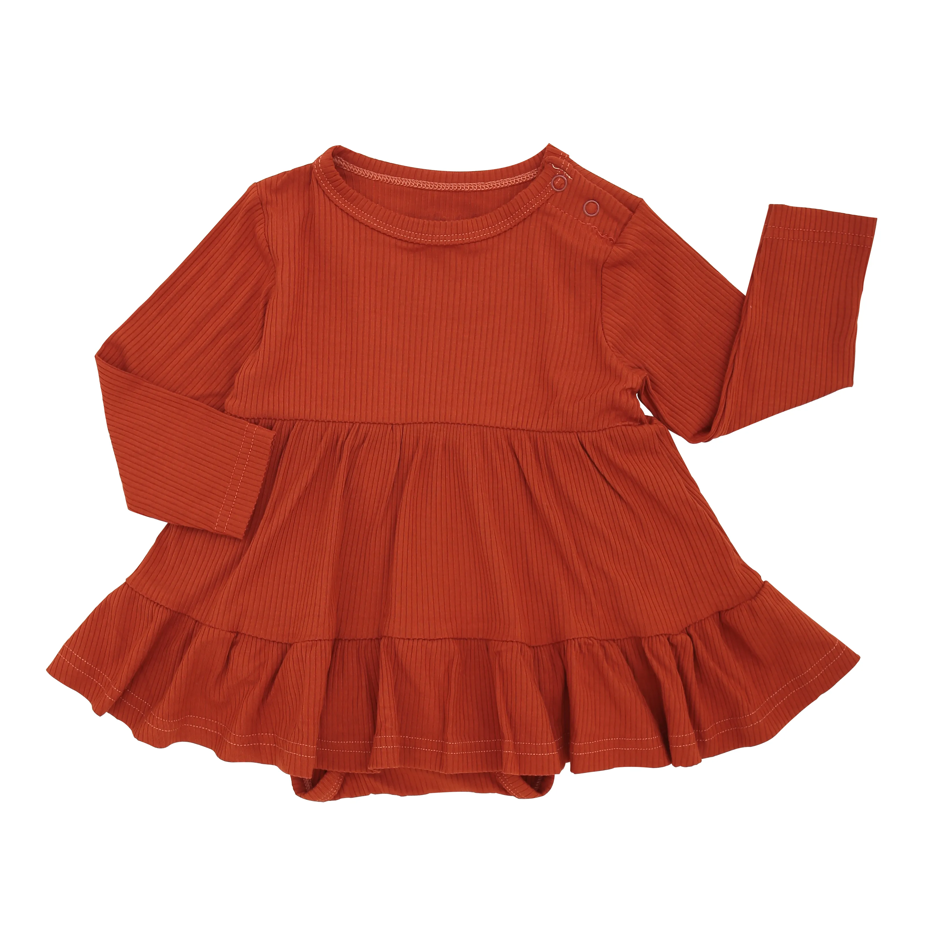 New High Quality Ribbed Bamboo Viscose Long Sleeves Kids Clothing Sofr Button Solid Colors Baby Dress