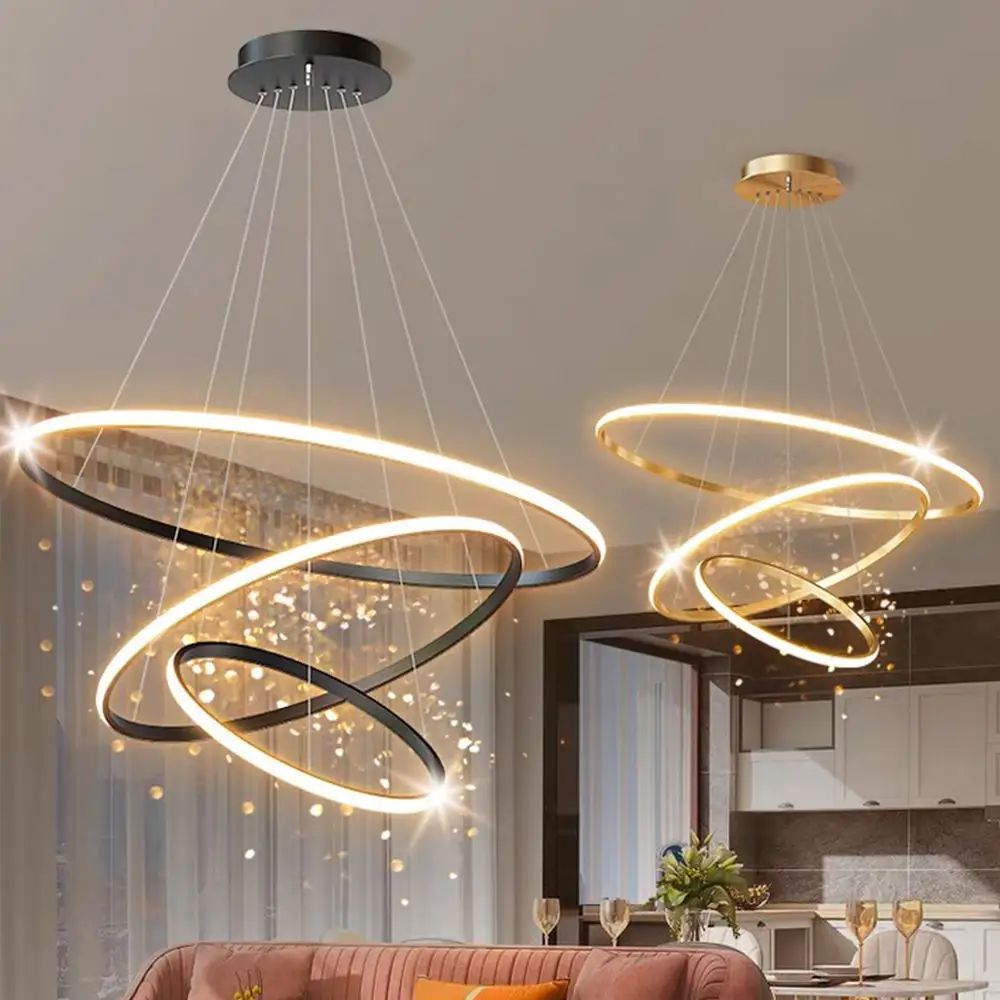 Home Decorative Modern Living Room Hotel Circle Hanging Pendant Light New Design 3 Ring Acrylic Gold Luxury Round Led Chandelier