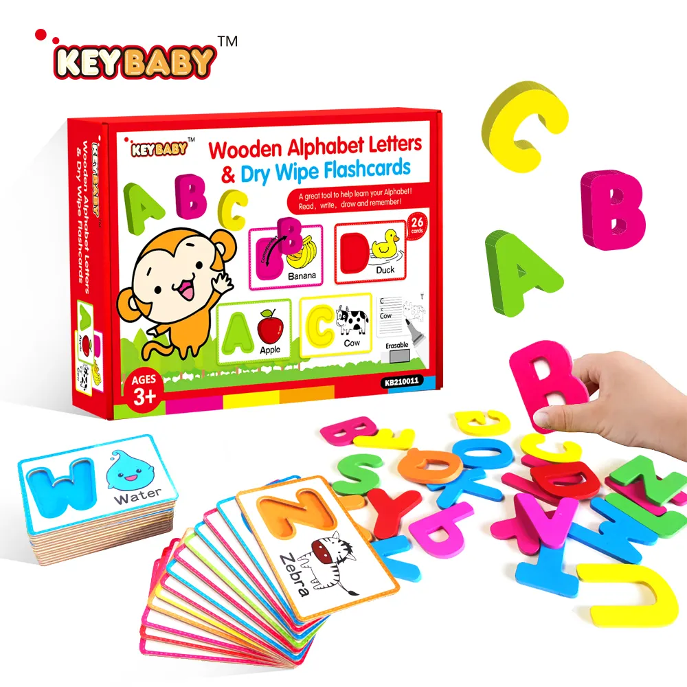 Keybaby-aprendizaje de escritura en madera para niños, juguete educativo de aprendizaje de escritura con letras Montessori, incluye tarjetas Flash del alfabeto