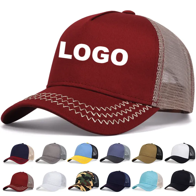 Sombreros de camionero personalizados, lisa de algodón y poliéster gorra de béisbol con bordado de 5 paneles, Sin Logo, malla, color blanco