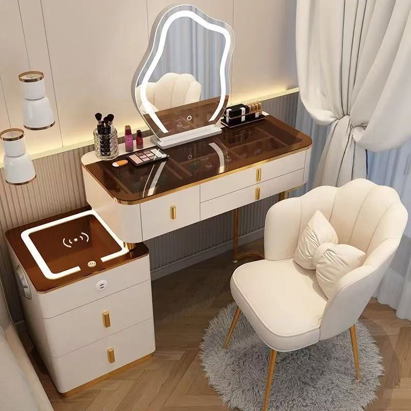 Table en verre blanc 80, armoire intelligente, miroir intelligent, chaise pétale