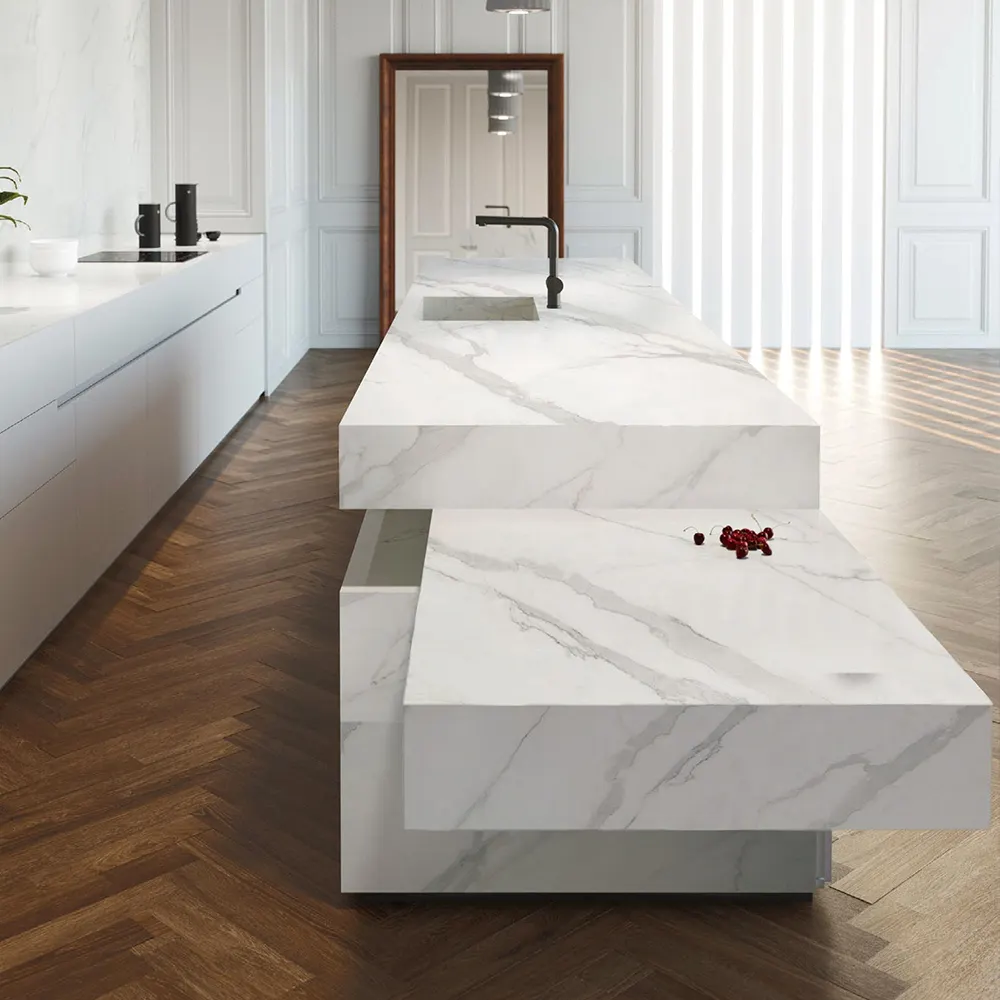 Cutting size white 12 mm artificial kitchen island porcelain countertop engineered prefab sintered stone vanity top