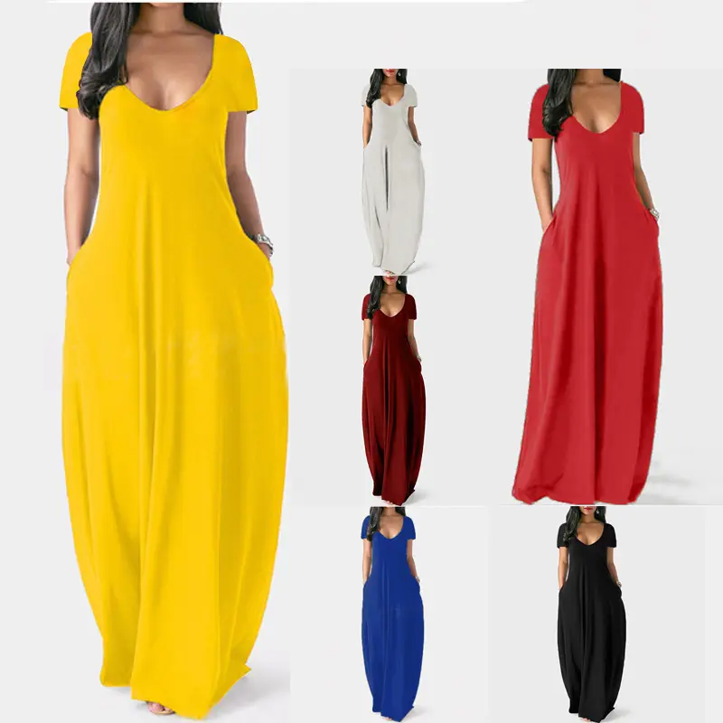 New Arrival Summer Solid Color Deep V-Neck Maxi Dress Short Sleeve Loose Casual Dresses Women 5Xl Plus Size Dress