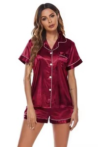热销时尚缎面女式睡衣新款提花冰丝薄款春秋短袖家居服套装