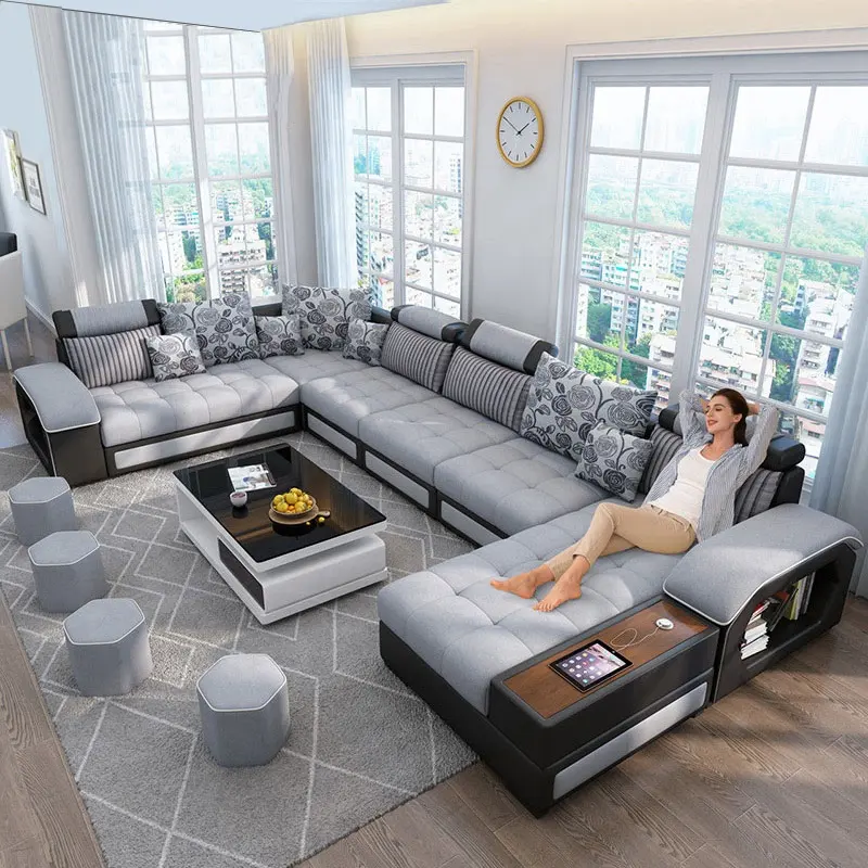 Soggiorno nuovo modello di modo ad angolo divano a forma di U 7 posti in tessuto di lusso divano set mobili per la casa