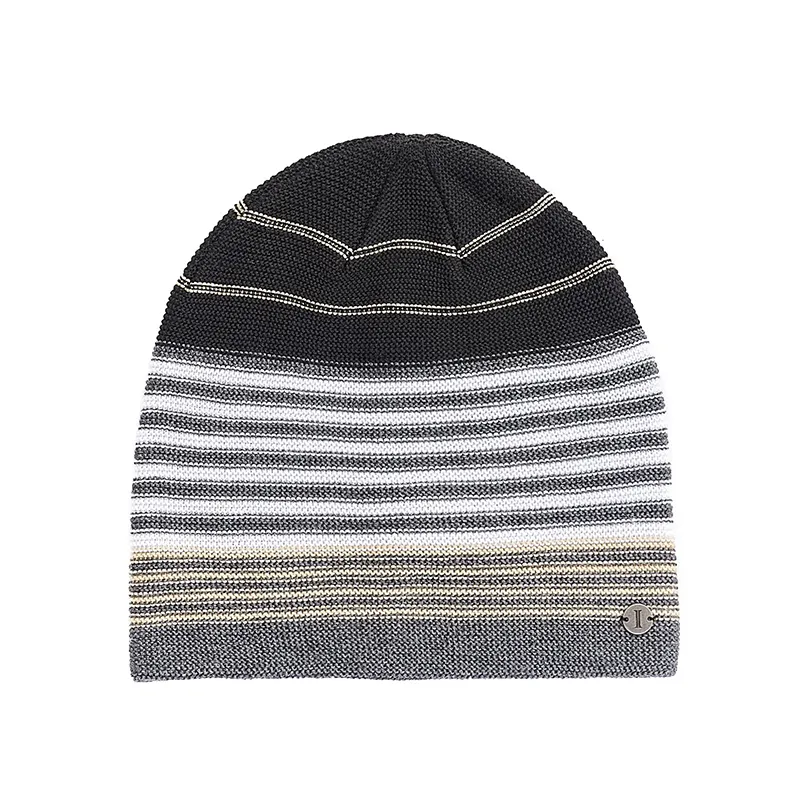 Vente en gros de haute qualité, bonnet unisexe en tricot avec Logo en métal rayé noir et blanc, chapeau d'hiver pour hommes