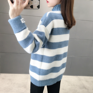 批发新款韩版高领冬季厚条纹女式毛衣