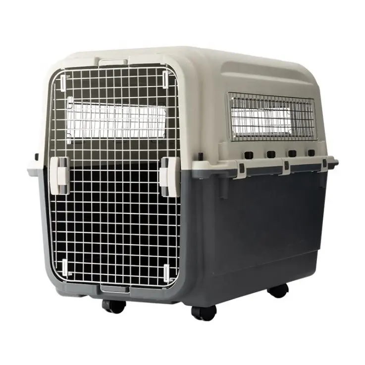 IATA havayolu Kennels lüks büyük köpek kulübesi tekerlek köpek kedi sandık taşıyıcı onaylı plastik Pet seyahat katı gri ve beyaz 7-15 gün