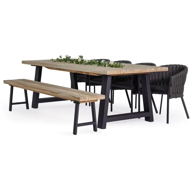 Moderne Allwetter-Patio-Möbel hölzerne Gartenmöbel stapelbares Teakholz-Tisch- und Stuhlset Esstisch-Set für draußen