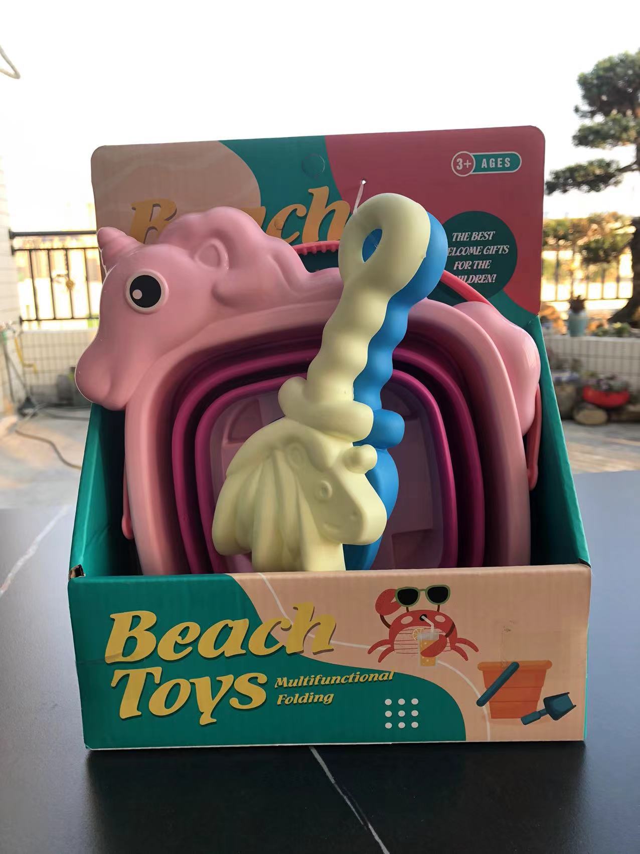 Pink folding bucket 3-piece beach set