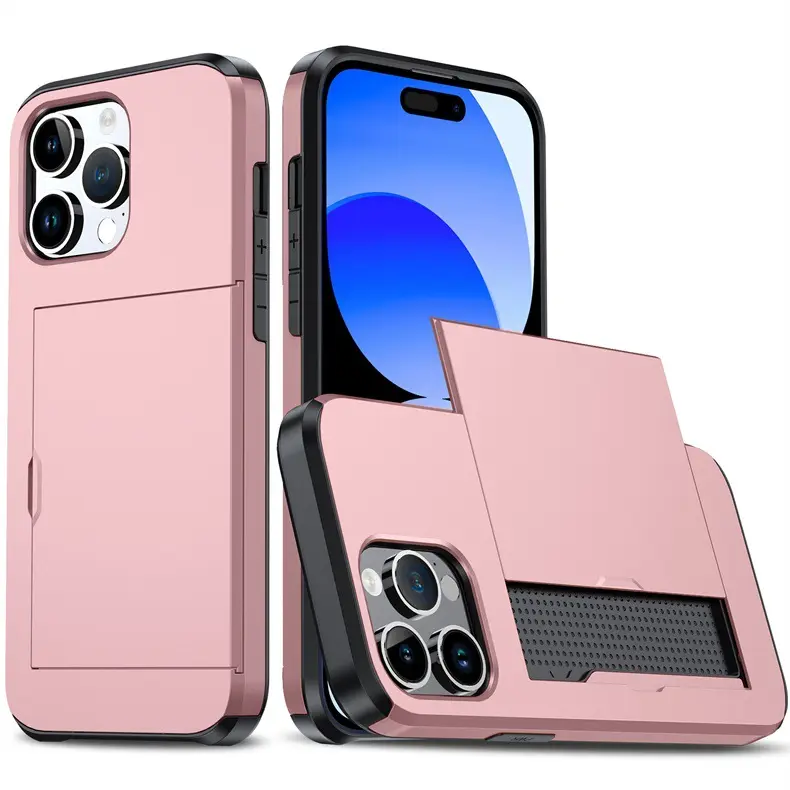 Casing ponsel iPhone 15 Pro Max, dompet ponsel tahan guncangan dengan tempat kartu tugas berat lapisan ganda Slot kartu tersembunyi untuk iPhone 15