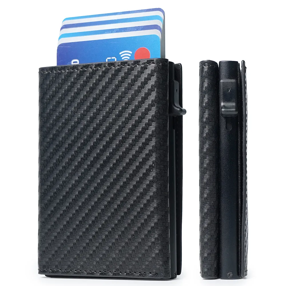 Personalizado Mens Slim pop-up Wallet pu cuero aluminio tarjetero RFID bloqueo billetera para hombres