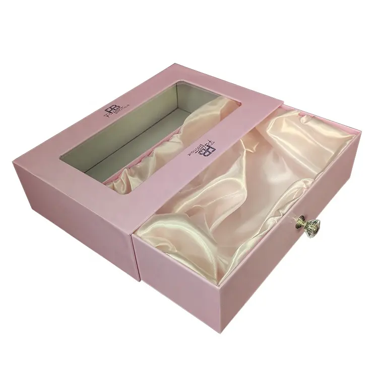 Luxus Perücken Haar verlängerung Slide Geschenk box mit klarem Fenster Kristall griff Schubladen box mit Satin Stoff Custom Packing Box