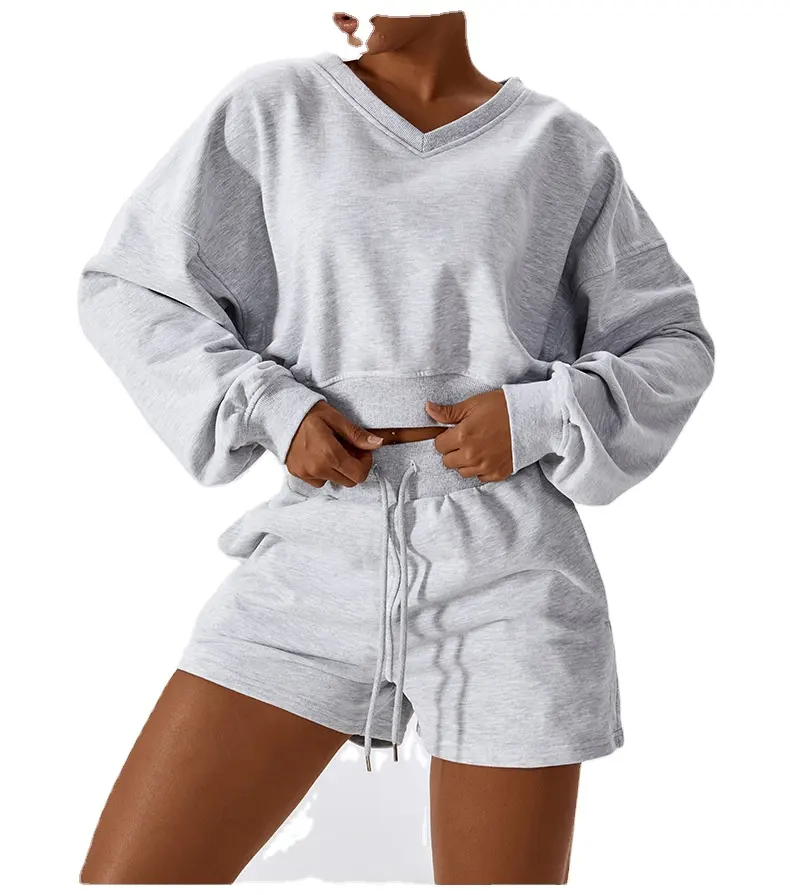 Set hoodie katun organik olahraga Gym baru kaus oblong wanita bordir kustom set Sweatshirt celana pendek