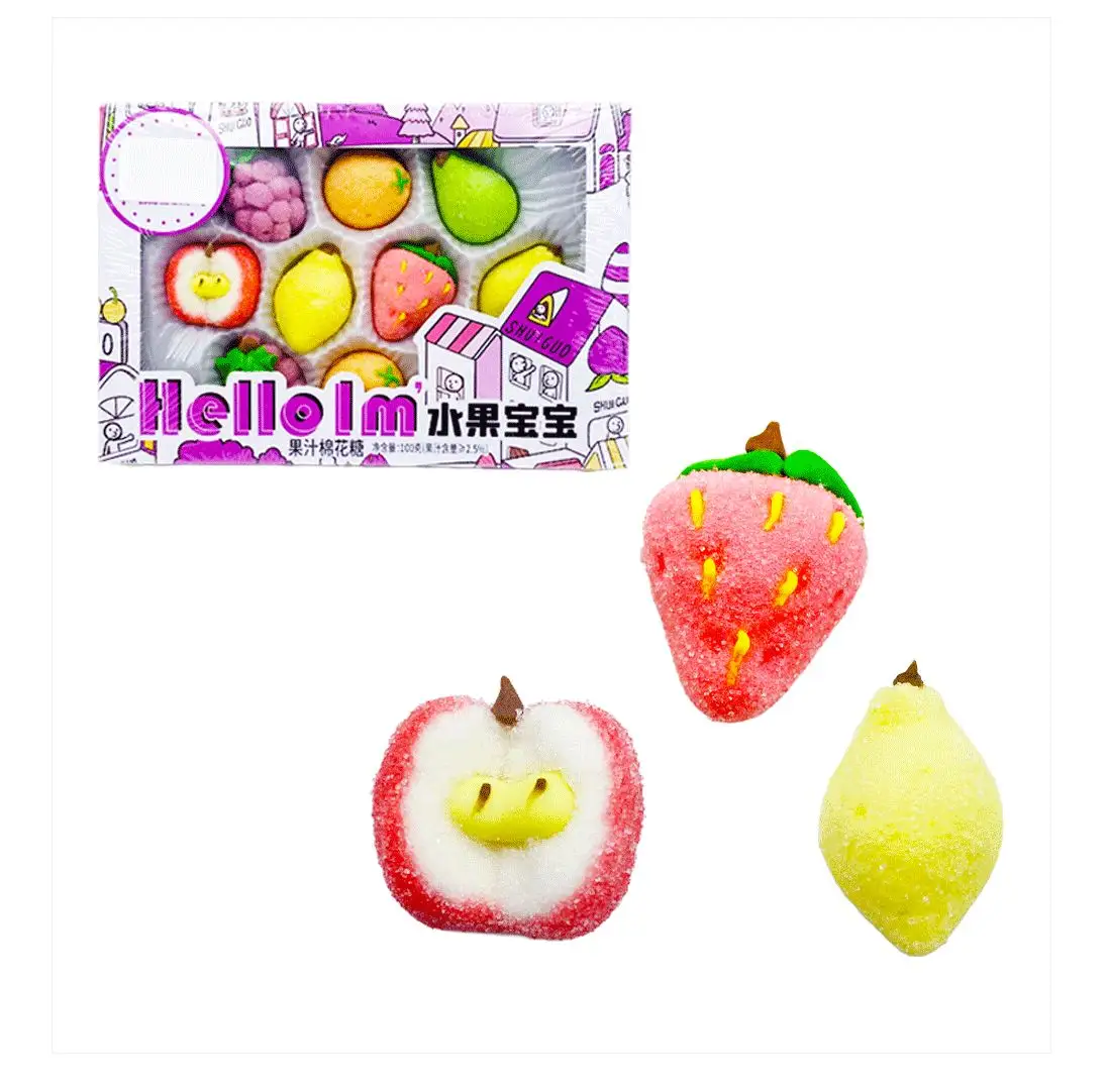 Caramelo con forma de fruta multicolor de fábrica al por mayor y dulces de 100g, manzana, uva, fresa, pera, sabor a fruta, caramelo de malvavisco Halal