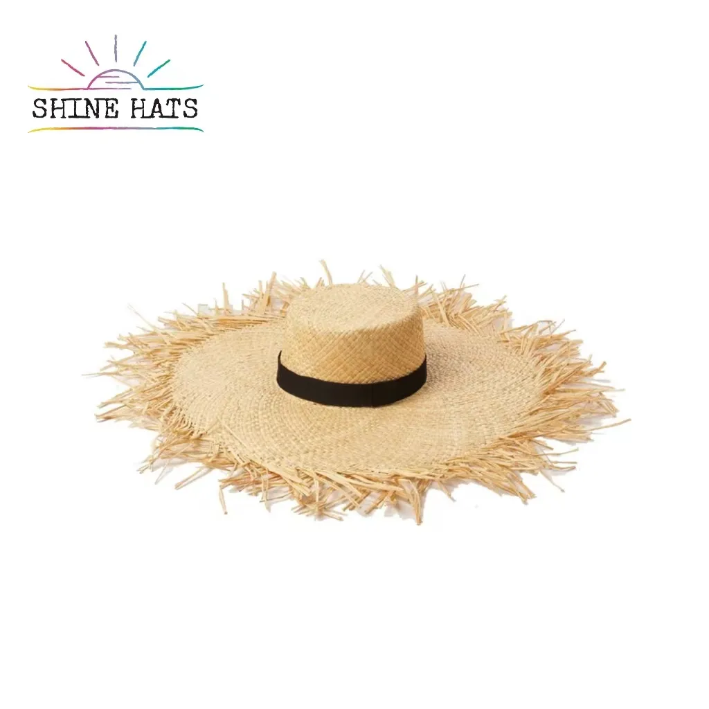 Shinehats 2024 OEM large bord effiloché soleil plage été femmes raphia Canotier unisexe chapeaux de paille couleur unie sombrero avec ruban