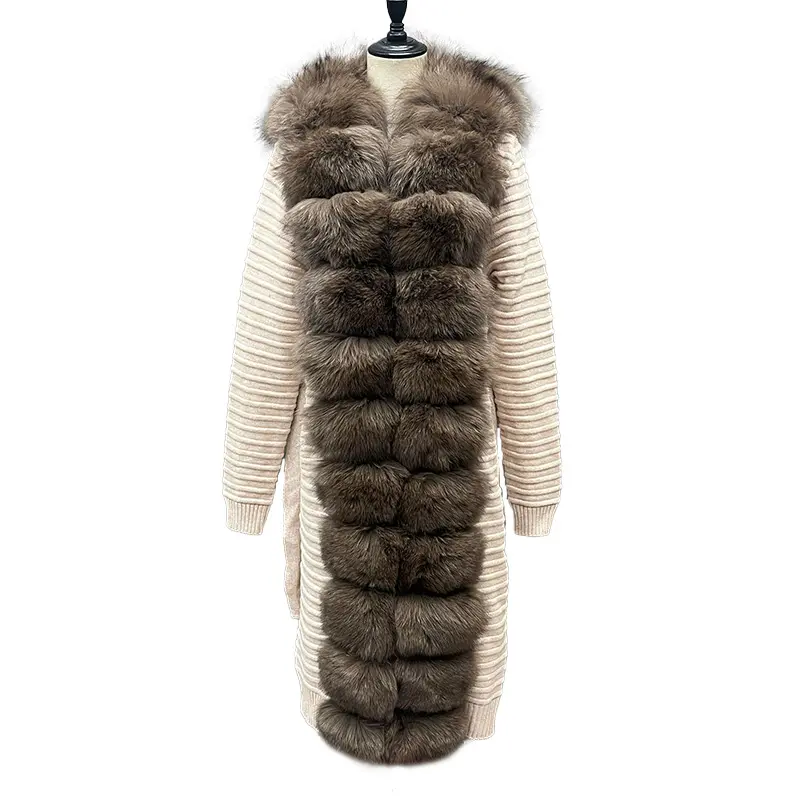 Cárdigan largo de lujo Suéter Cuello de piel de zorro desmontable Cárdigan de lana de Cachemira con estilo