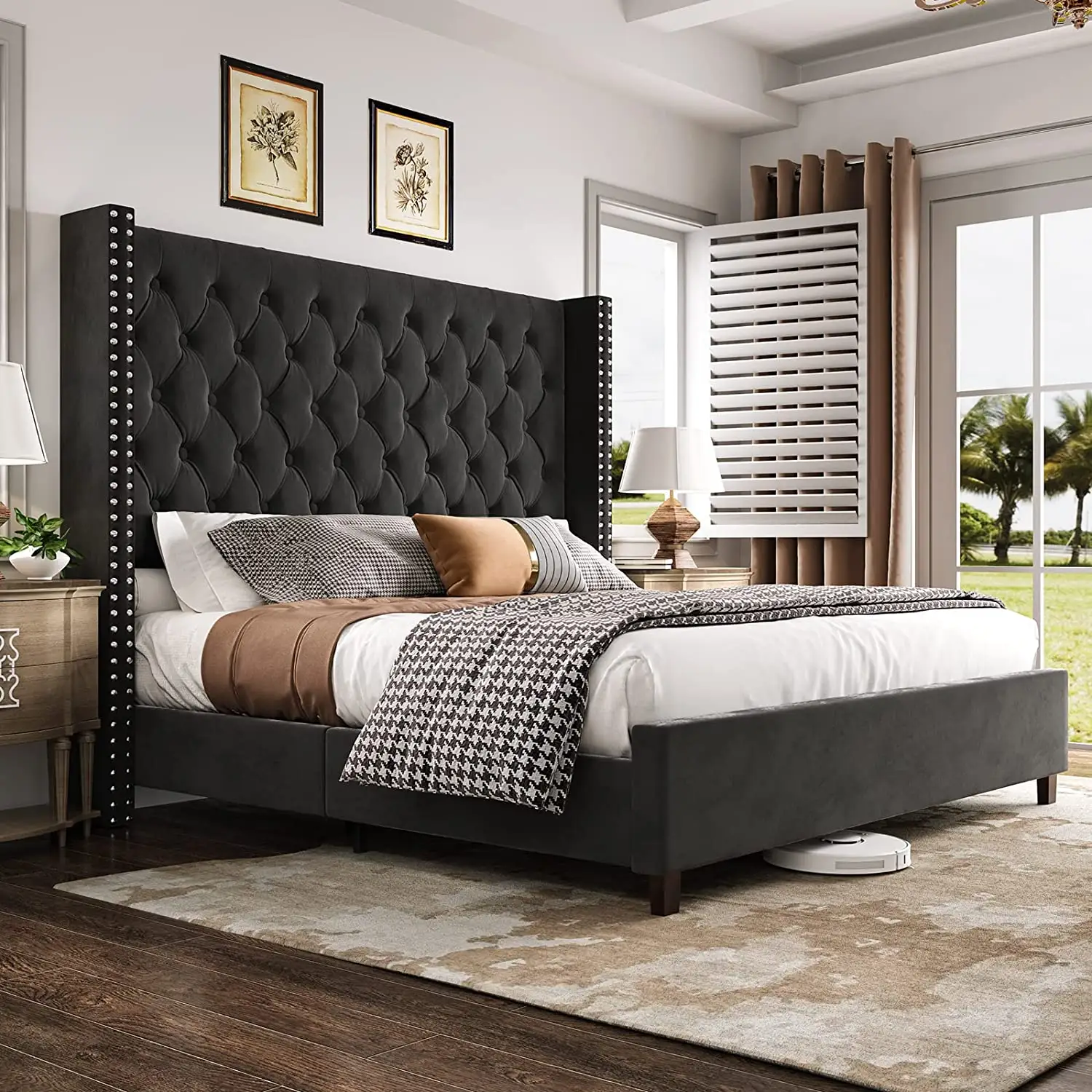 King Platform Bed Frame Black Button Tufted Handmade Headboard Velvet Tall Upholstered Bed