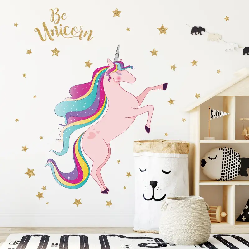 Unicornio rosa con colorido de crin de caballo etiqueta de la pared de estrellas de oro papel de pared para dormitorio de niño habitación decoración extraíble etiqueta de la pared
