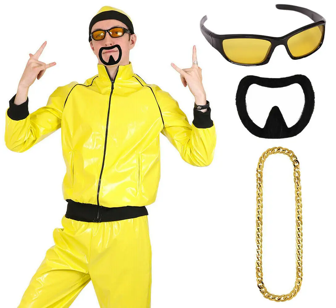 Novos homens 90s Rap Cantor Traje Amarelo Sportswear Preto Gang Novidade Adulto Fancy Dress Óculos De Sol Correntes De Ouro Acessórios Barba