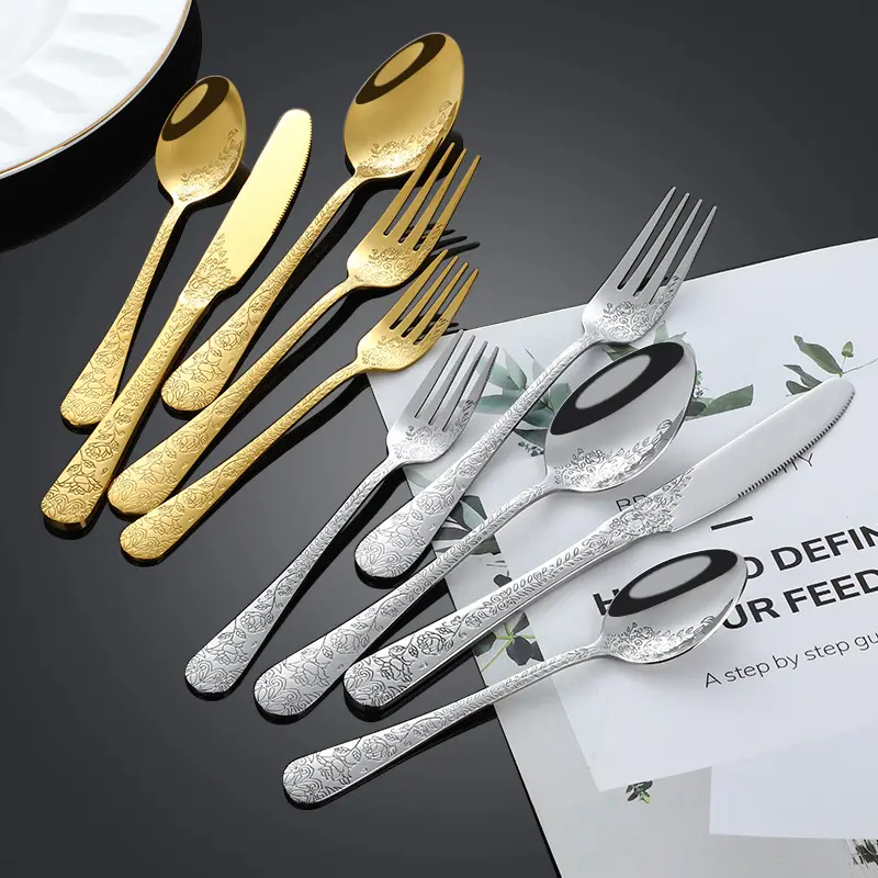 Western Stainless Steel 1010 Tableware National Trendy Style Vintage Pattern Series Knife Fork Spoon Gold Cutlery Flatware Sets