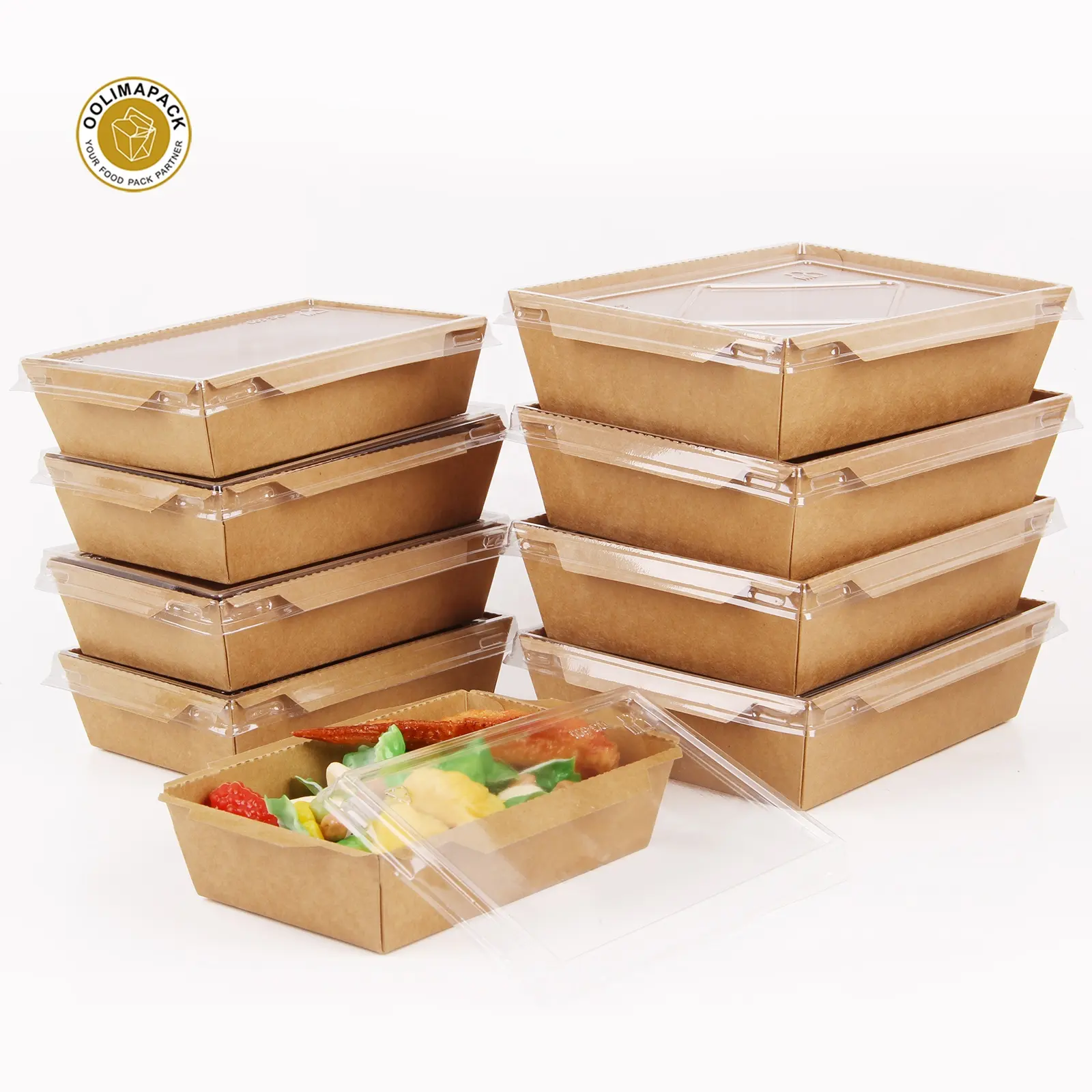 Wholesale recyclable packaging vegetable salad fast fried chicken sushi fruit food kraft paper box with two window