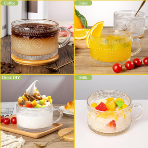 Reusable Food Grade Breakfast Embossed Glass <strong>Cups</strong> With Handle Stackable 14OZ Vintage Glass Coffee Mugs With Lids <strong>Golden</strong> Spoons